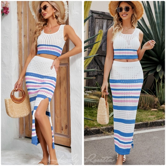 Blue Striped Cropped Tank and Split Skirt Set - Picture 4 of 9